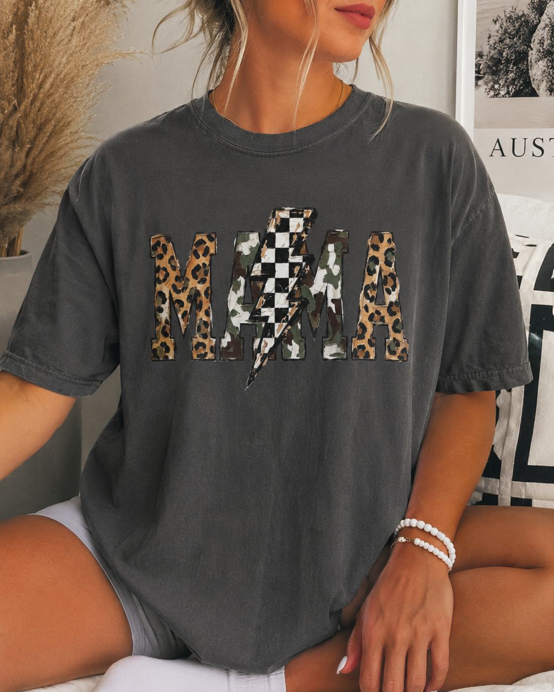 MAMA Lightning Bolt Leopard Check T-Shirt | Mama Tee