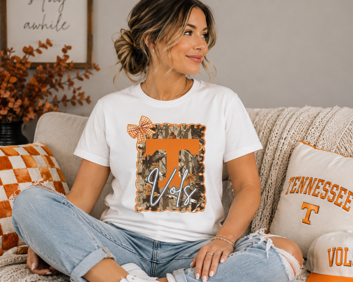 Vols T-Shirt | Orange T monogram, camo frame, gingham bow TN Vols football gift