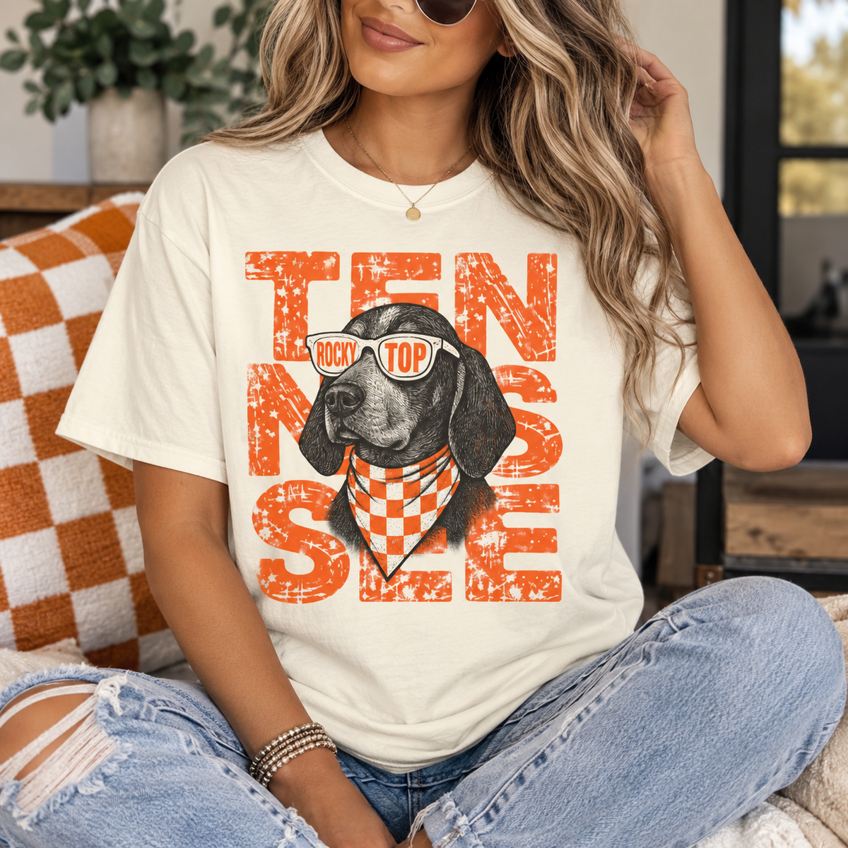 Smokey football dog with Sunglasses and Bandana T-Shirt | Tennessee Vintage Text