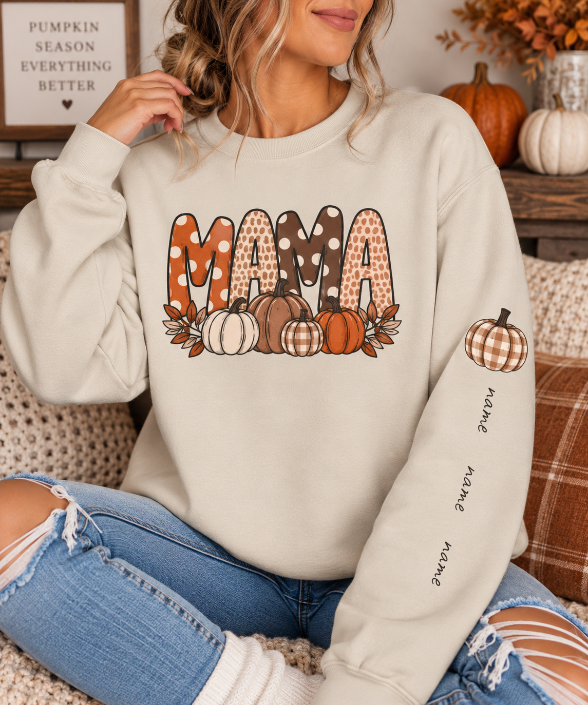 Mama Pumpkin Personalized sleeve with names Fall Crewneck Sweatshirt