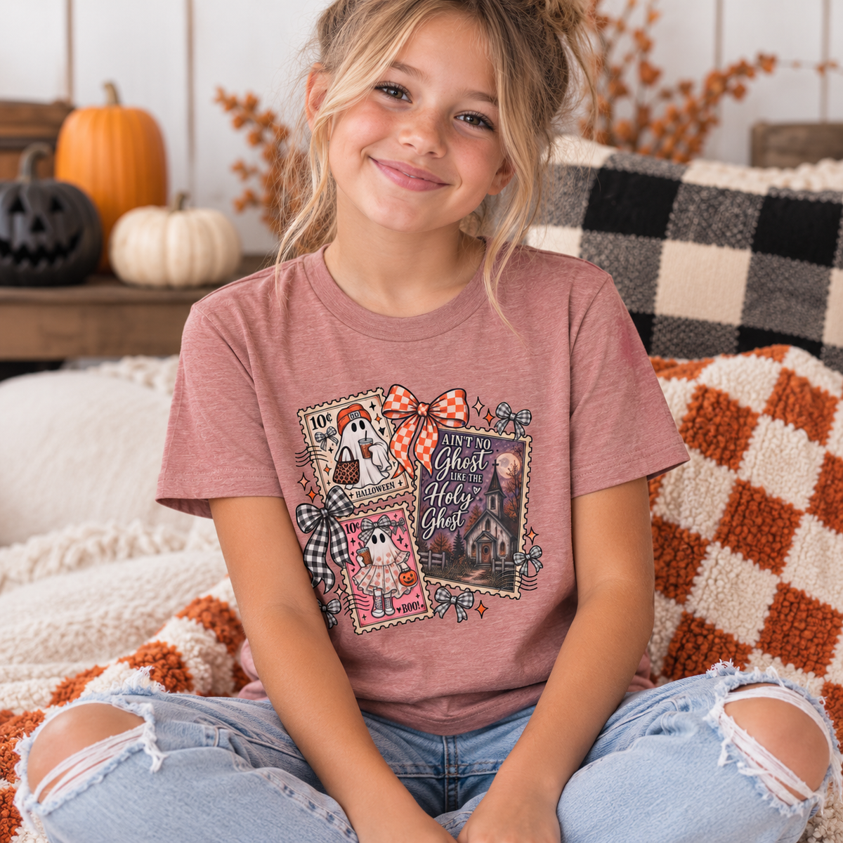 Youth Halloween Postage Stamp Tee — "Ain't No Ghosts Like Our Ghost" Retro Spooky Kids Shirt