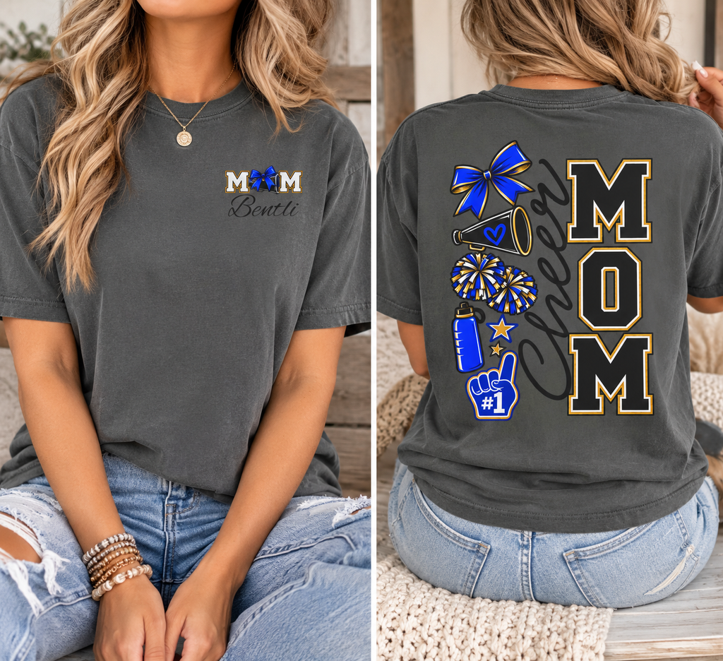 Cheer Mom T-Shirt — Cheerleading Mom Tee with Pom Poms & Megaphone Design