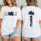 Mom Cheer support T-Shirt — "MOM" with Blue bow & Personalized Back Print