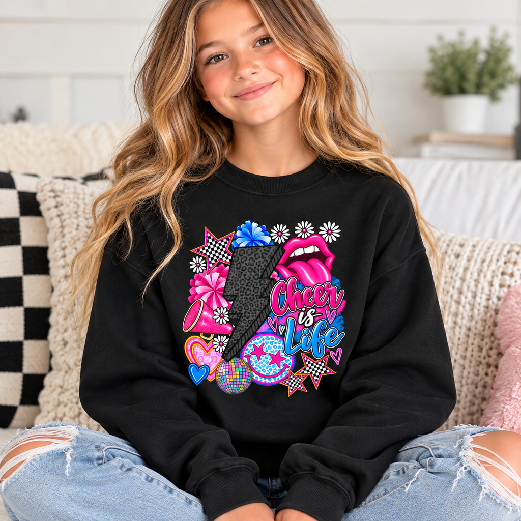 Youth Crewneck Sweatshirt — Sparkly Lip & Emoji cheer is life Graphic Pullover