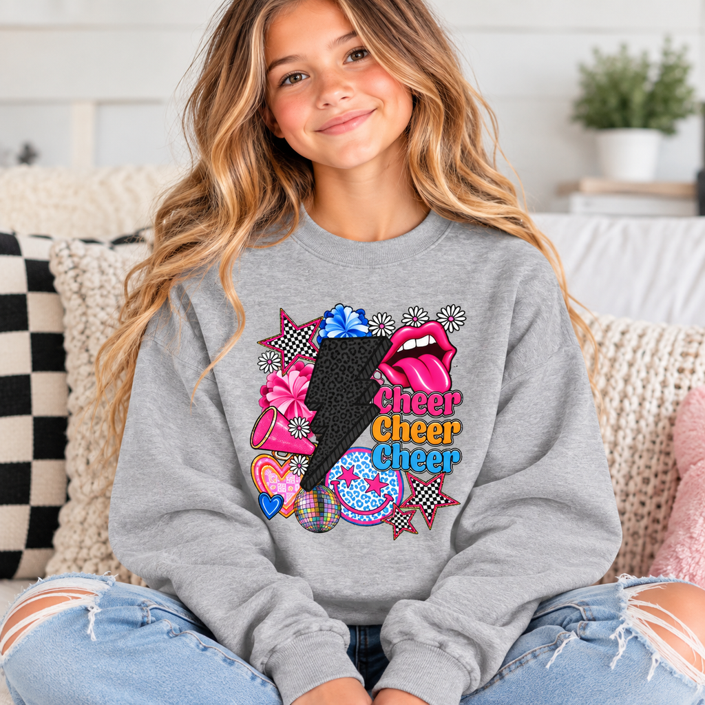 Youth Crewneck Sweatshirt - Retro Glam Lightning Bolt Graphic with 'Queen' Pop Art