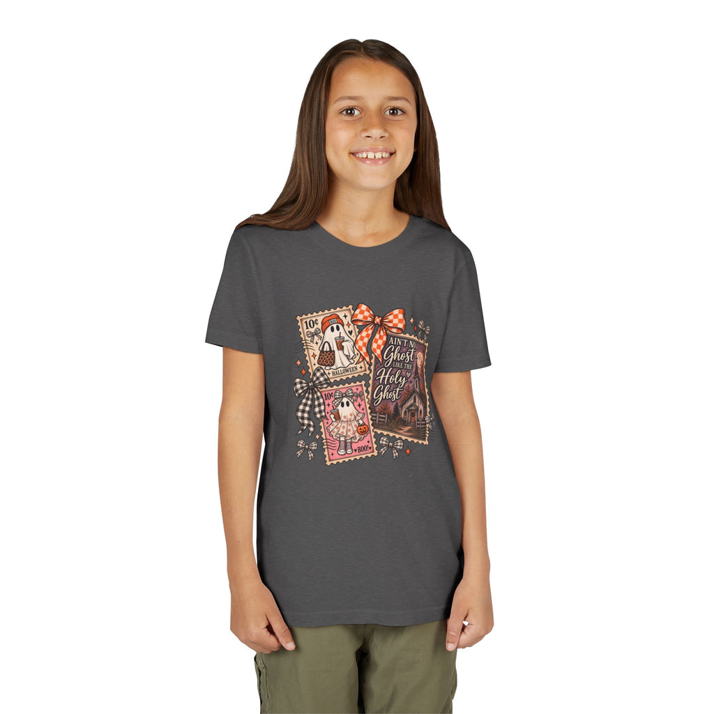 Youth Halloween Postage Stamp Tee — "Ain't No Ghosts Like Our Ghost" Retro Spooky Kids Shirt
