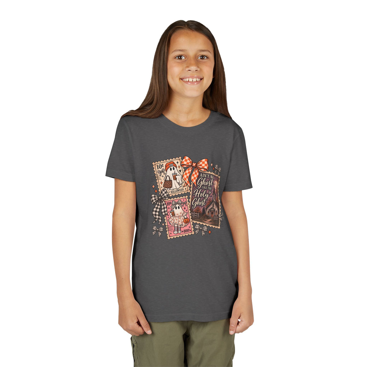 Youth Halloween Postage Stamp Tee — "Ain't No Ghosts Like Our Ghost" Retro Spooky Kids Shirt