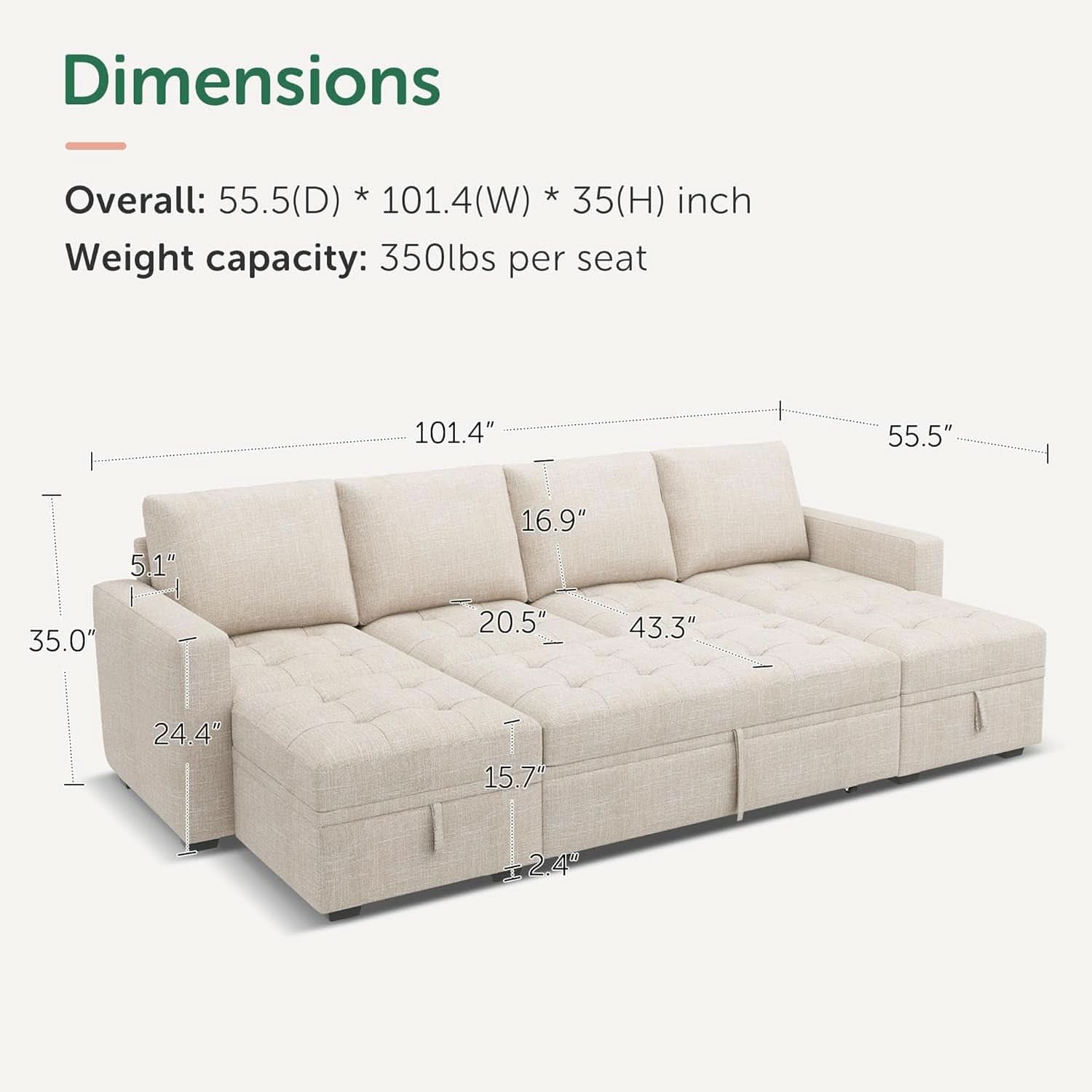 Beige Modular Sleeper Sectional Couch With Storage