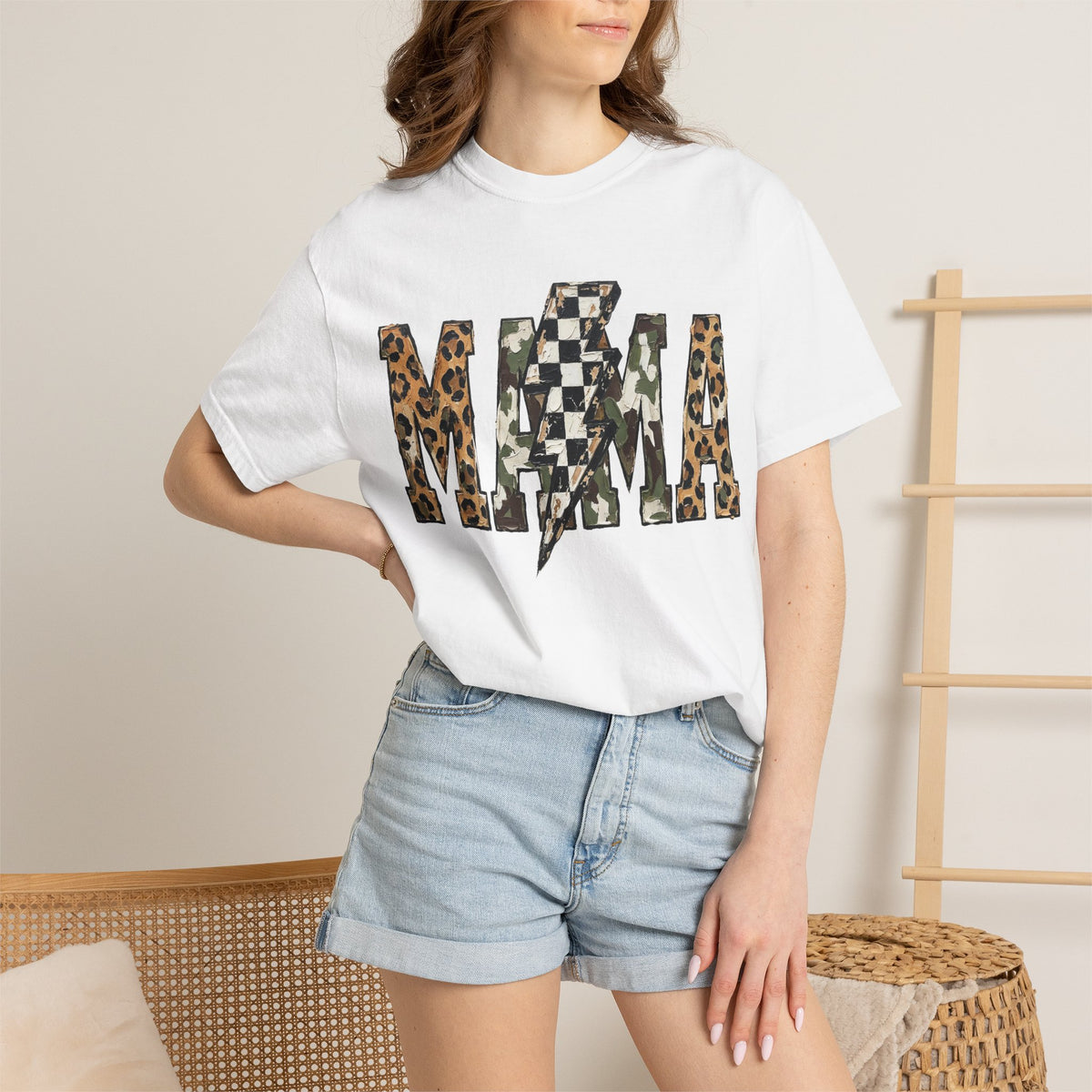 MAMA Lightning Bolt Leopard Check T-Shirt | Mama Tee