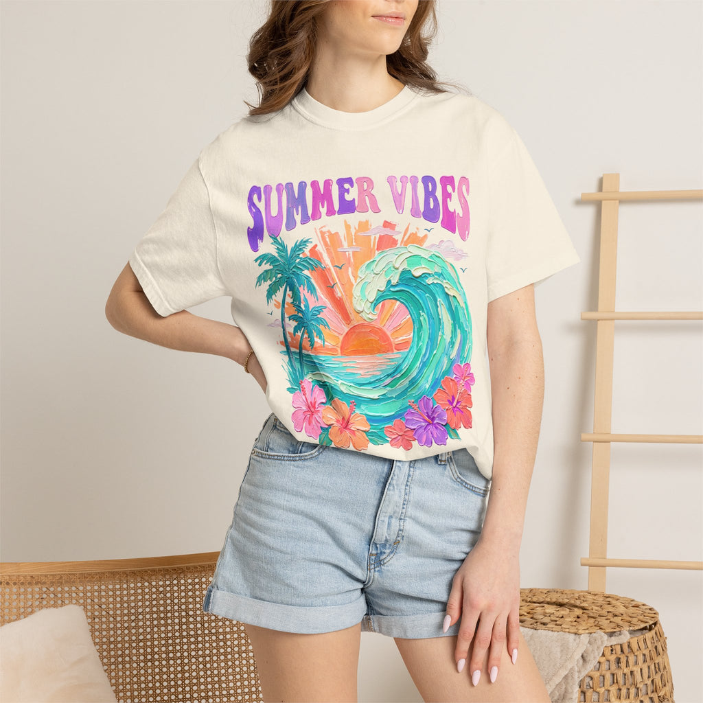 Summer Vibes Wave T-Shirt | Tropical Palm Sunset Hibiscus Beach lover tee