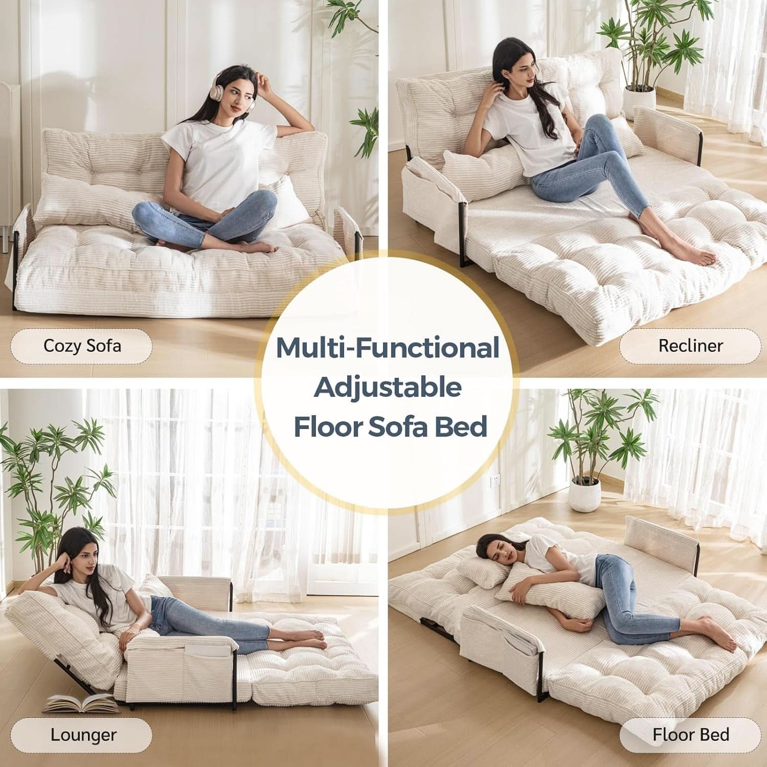 Beige Adjustable Floor Sofa Couch Foldable Sleeper