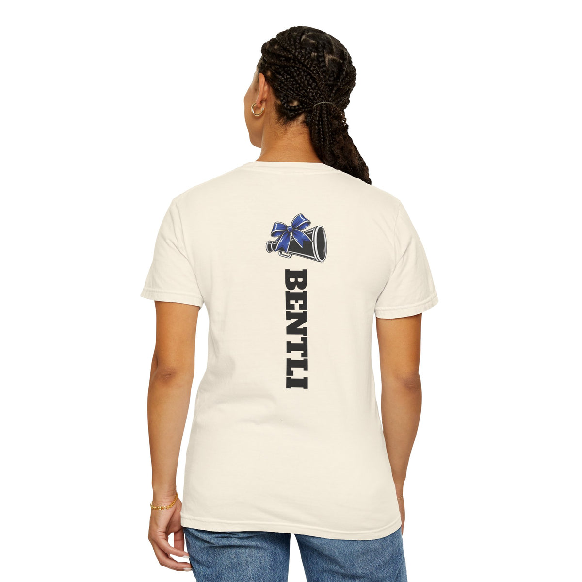 Mom Cheer support T-Shirt — "MOM" with Blue bow & Personalized Back Print