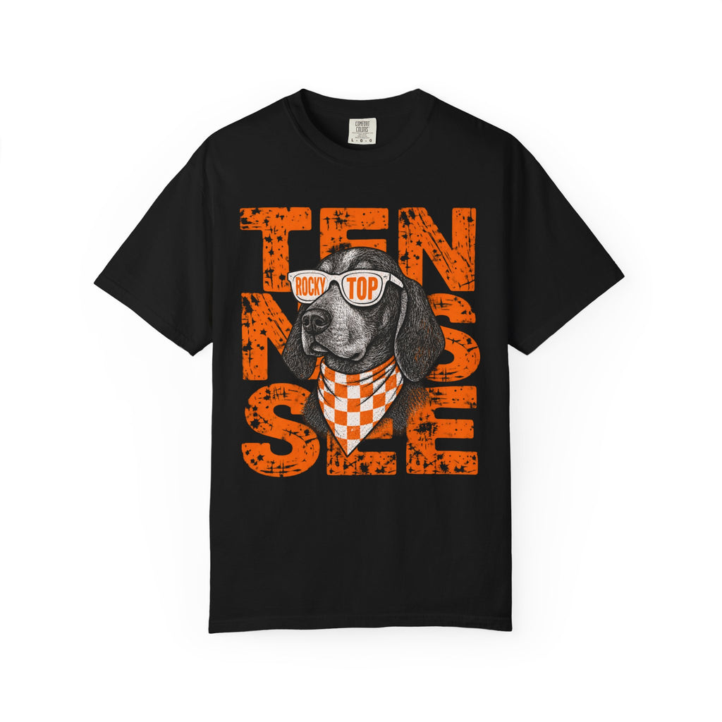 Smokey football dog with Sunglasses and Bandana T-Shirt | Tennessee Vintage Text