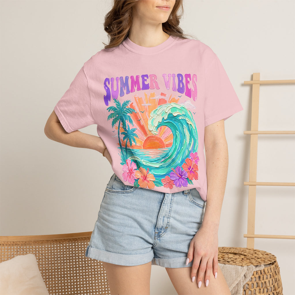 Summer Vibes Wave T-Shirt | Tropical Palm Sunset Hibiscus Beach lover tee