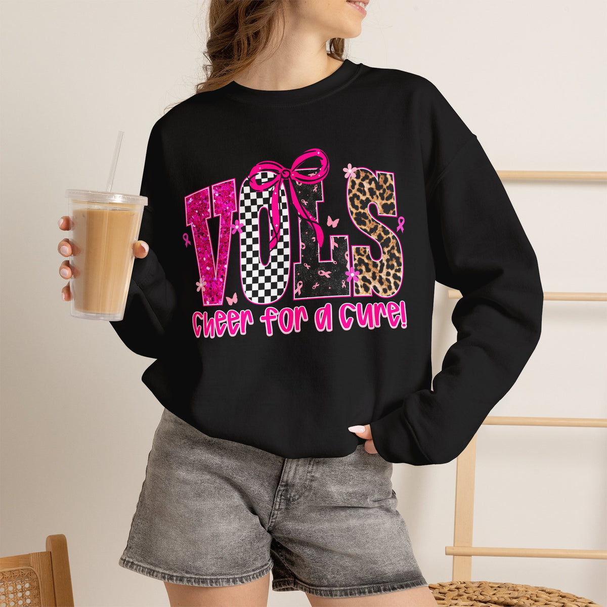 Crewneck Sweatshirt - VOLS Cheer For A Cure Pink Ribbon Leopard & Glitter Design