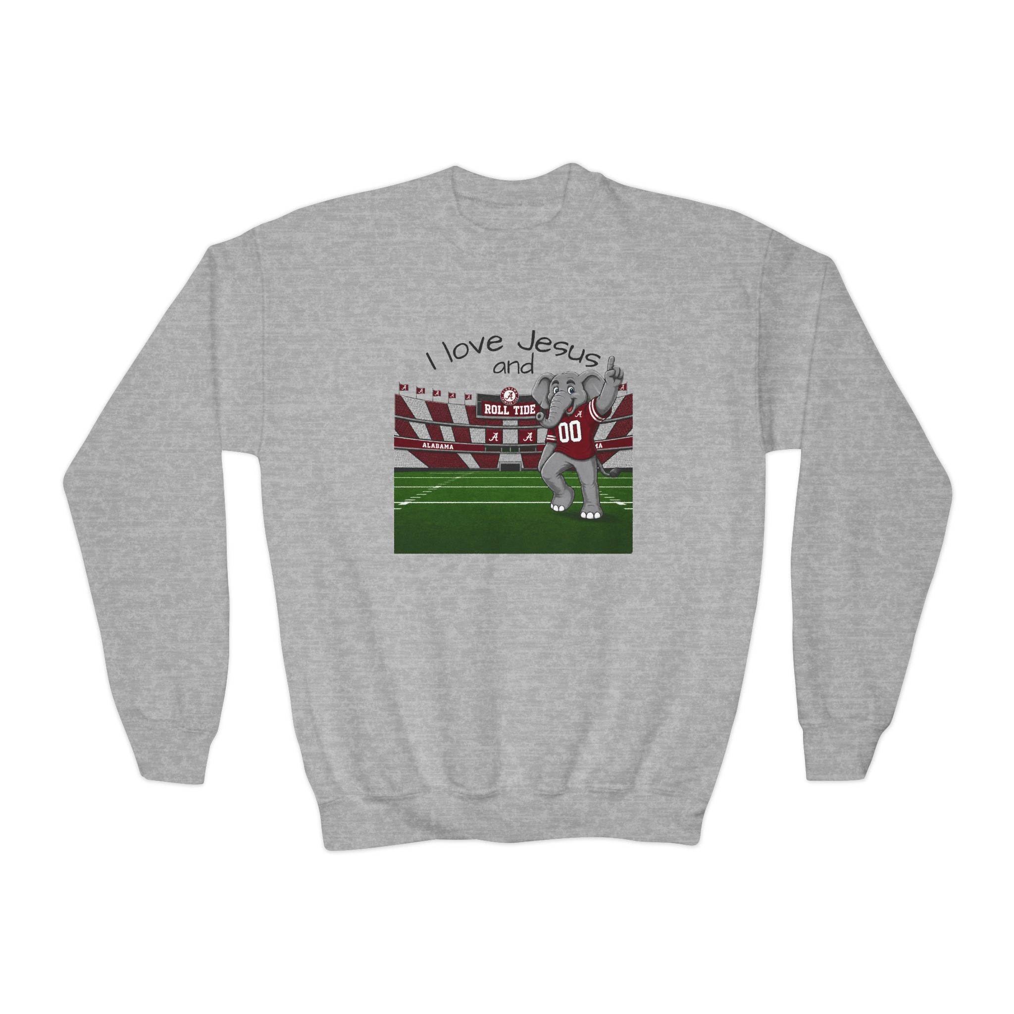 Youth Crewneck Sweatshirt - 'I Love Jesus and roll tide Football' Stadium Graphic Alabama