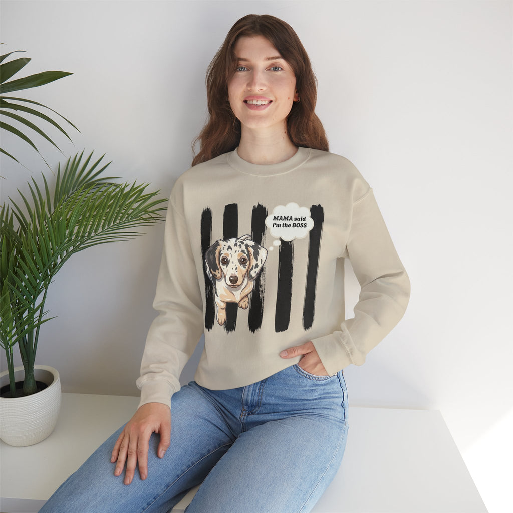 Dachshund Mom Crewneck Sweatshirt – “Mama Said I’m the Boss” Dog Lover Pullover
