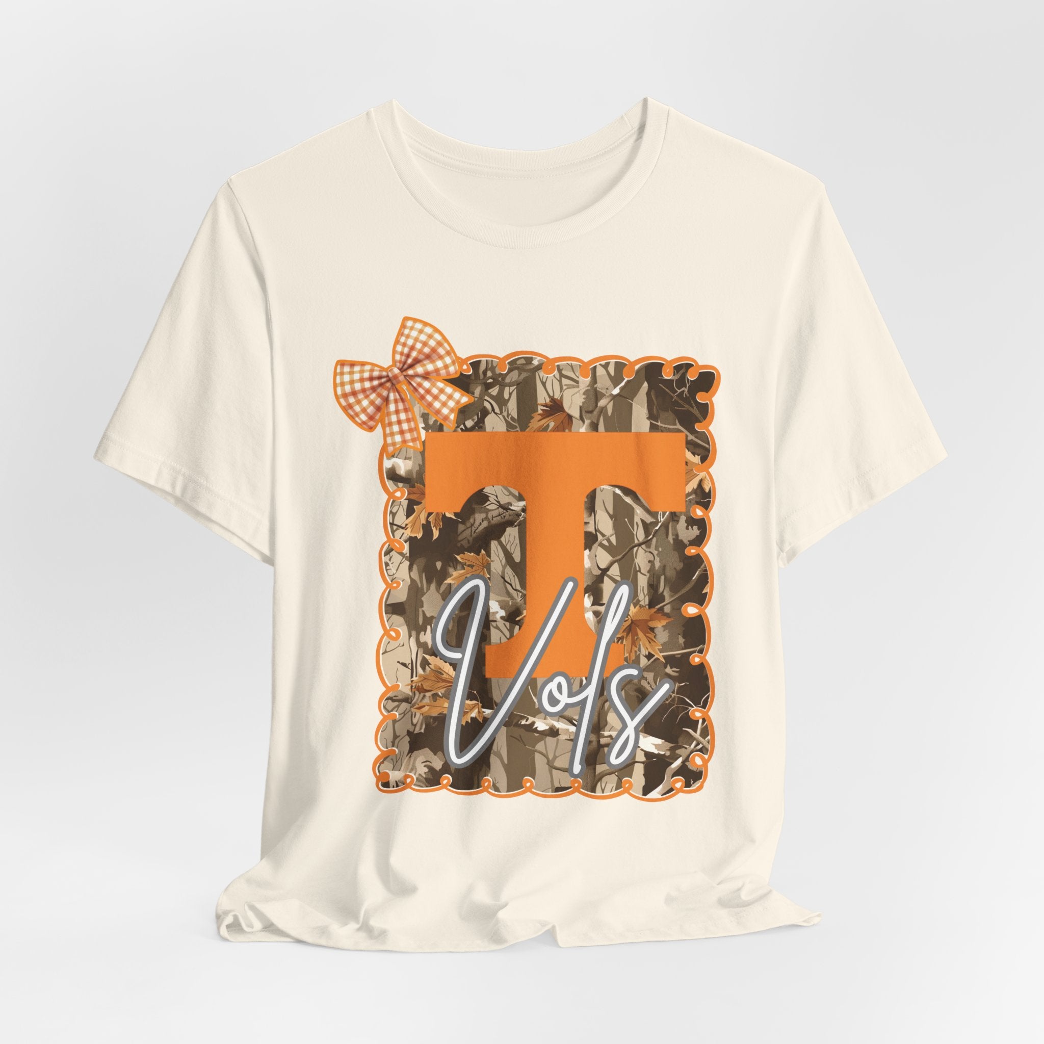 Vols T-Shirt | Orange T monogram, camo frame, gingham bow TN Vols football gift
