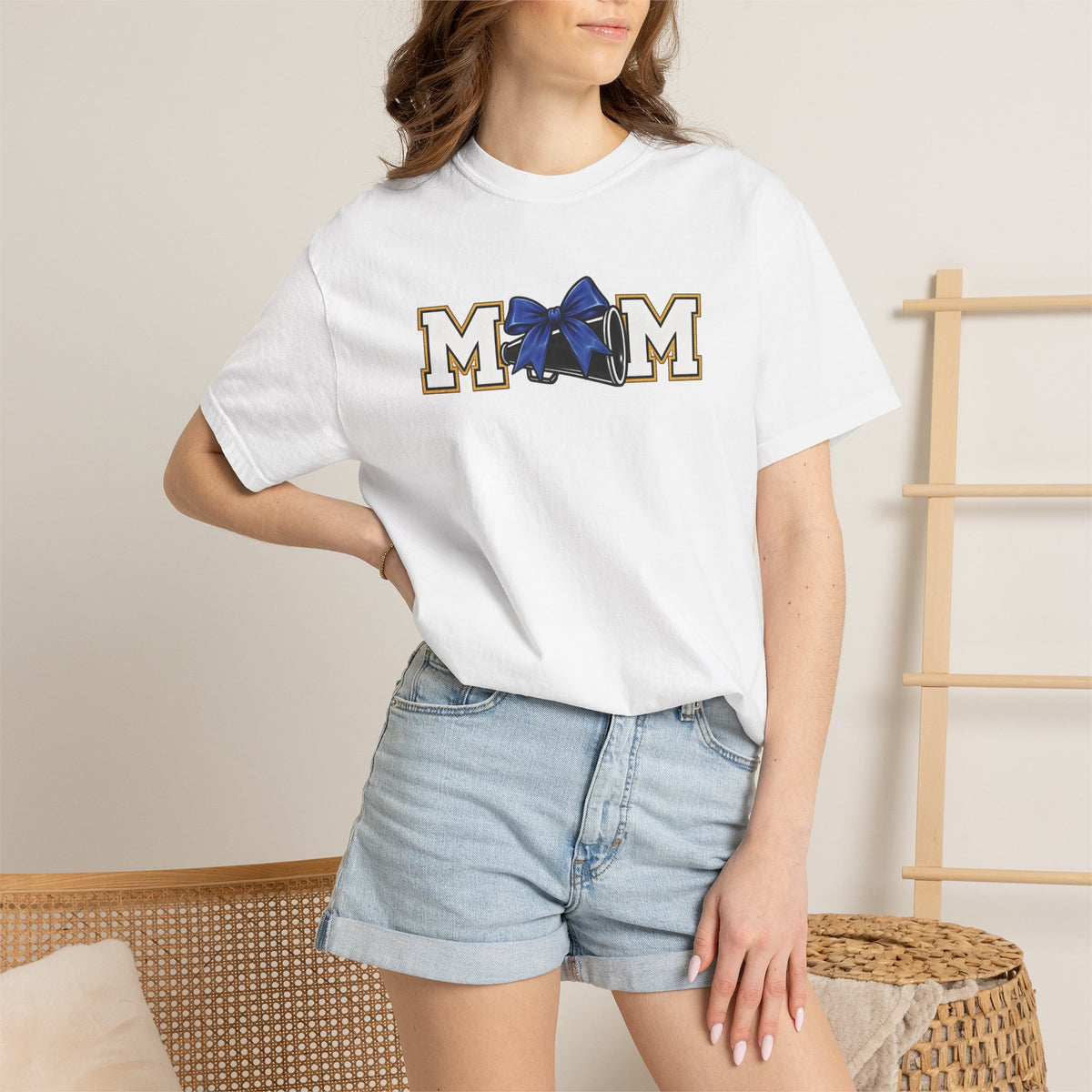 Mom Cheer support T-Shirt — "MOM" with Blue bow & Personalized Back Print