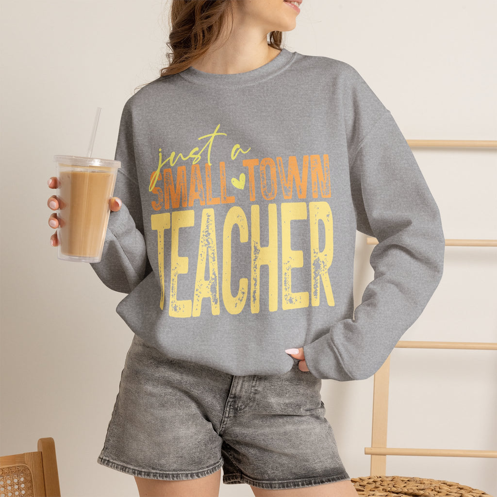 Small‑Town Teacher Sweatshirt | Cozy Crewneck for Educators | Distressed Yellow & Orange Lettering