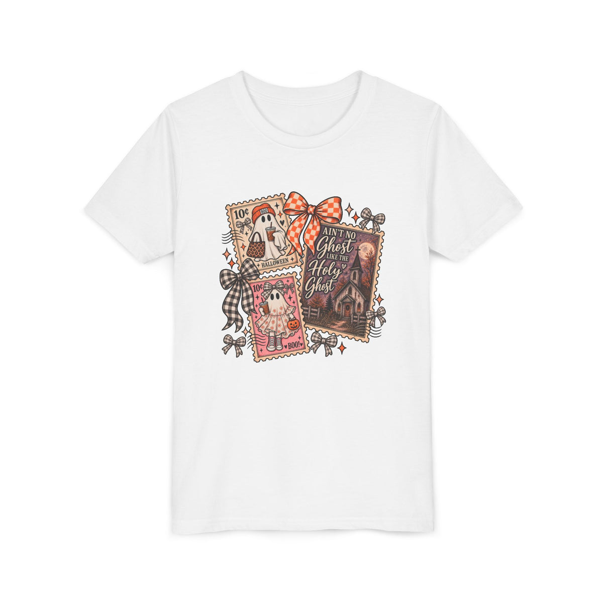 Youth Halloween Postage Stamp Tee — "Ain't No Ghosts Like Our Ghost" Retro Spooky Kids Shirt