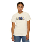 Mom Cheer support T-Shirt — "MOM" with Blue bow & Personalized Back Print