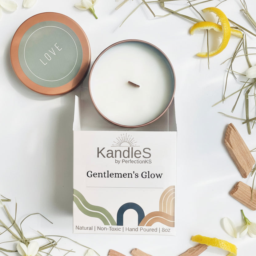 Gentlemen’s Glow Luxury Candle | 8oz Non-Toxic Soy Candle with Wooden Wick | Clean Burn