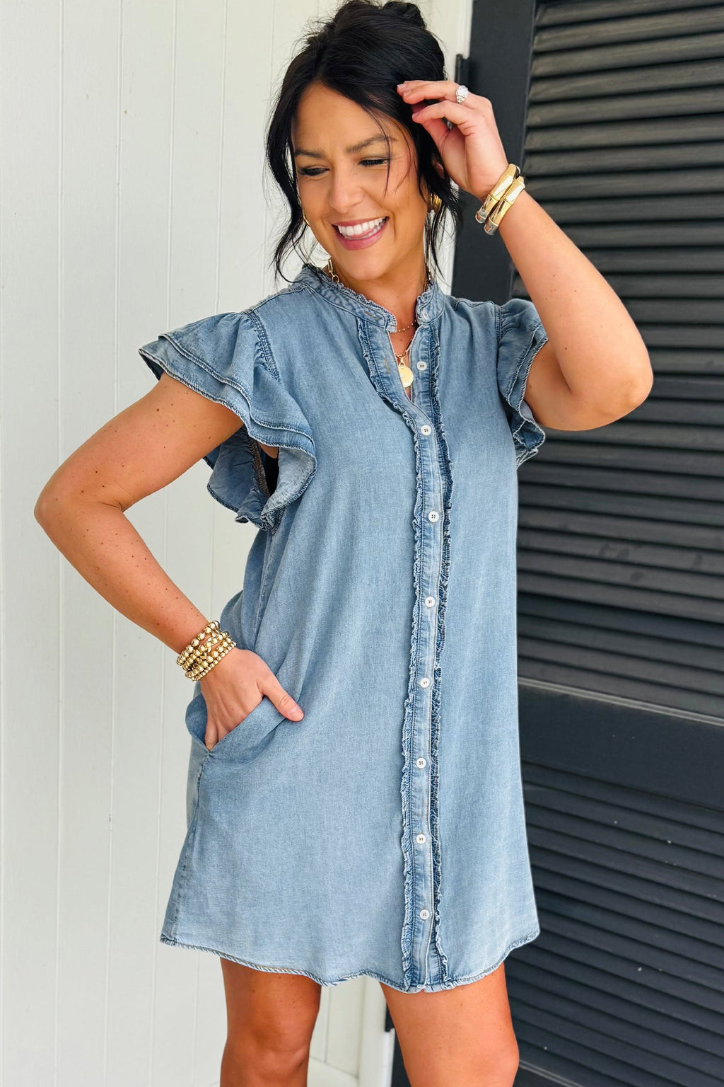 Myosotis Frilled Detail Button Down Ruffle Short Sleeve Denim Mini Dress