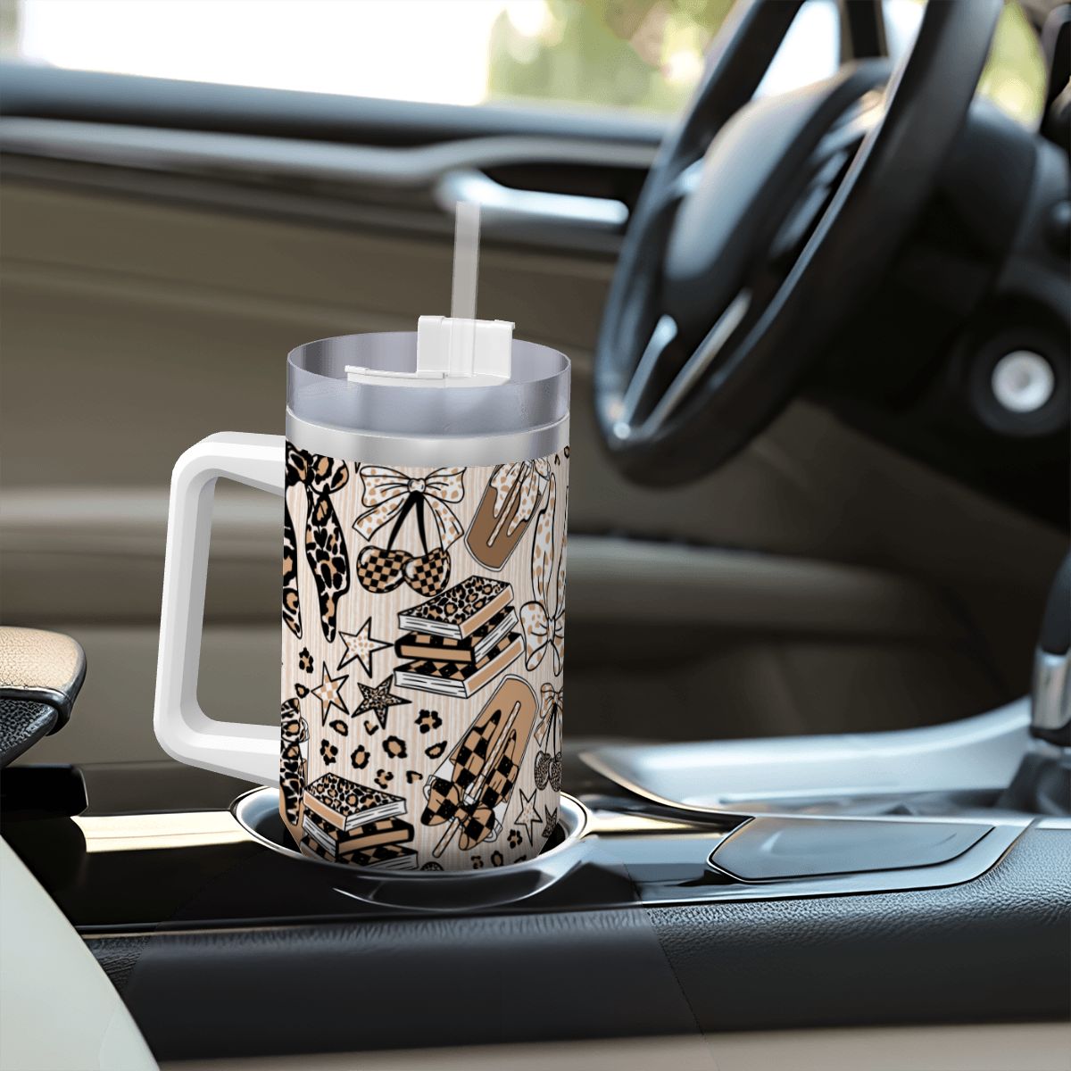 Travel Coffee Mug with Handle and Straw (40oz) BowsBooksCoffeeCheetah