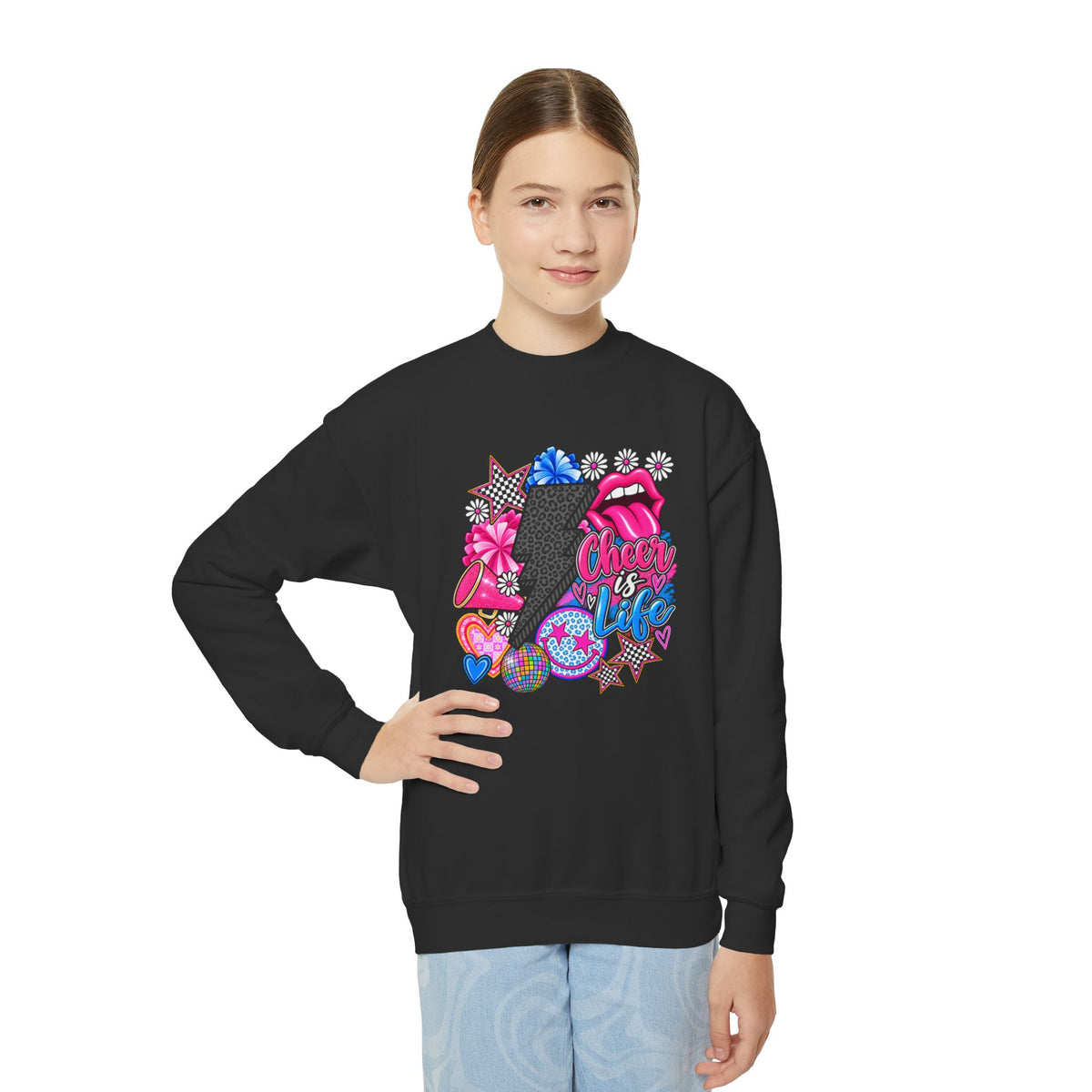 Youth Crewneck Sweatshirt — Sparkly Lip & Emoji cheer is life Graphic Pullover