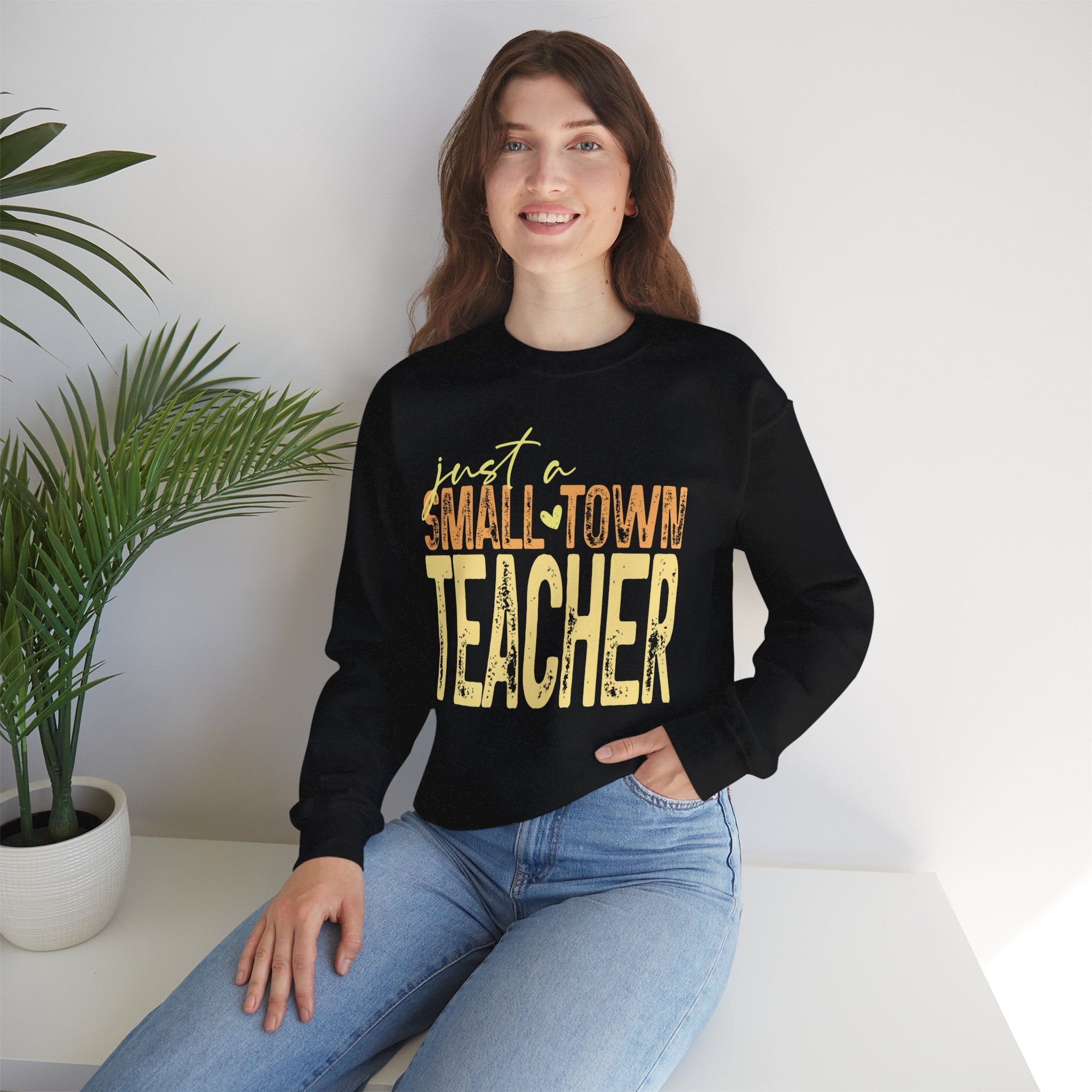 Small‑Town Teacher Sweatshirt | Cozy Crewneck for Educators | Distressed Yellow & Orange Lettering