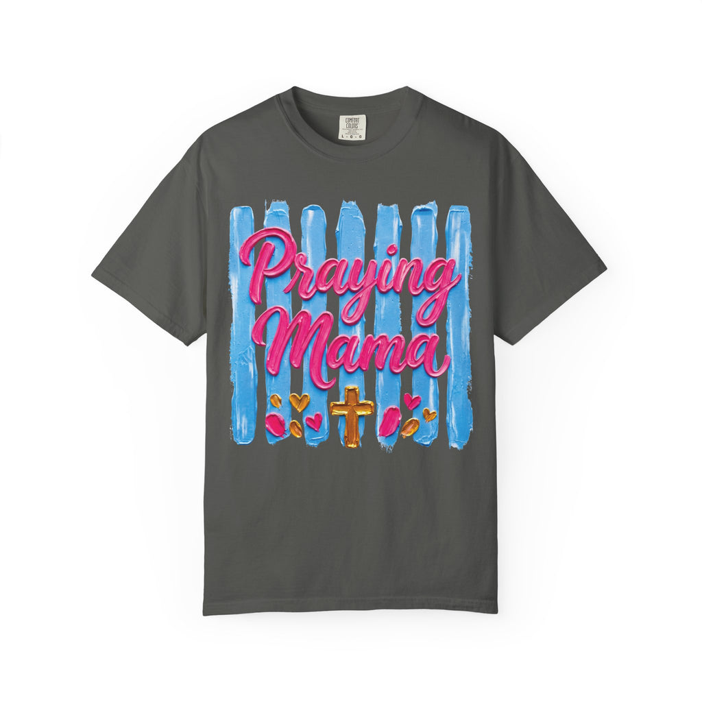Praying Mama T-shirt | Christian Cross, Hearts, Blue Brushstroke