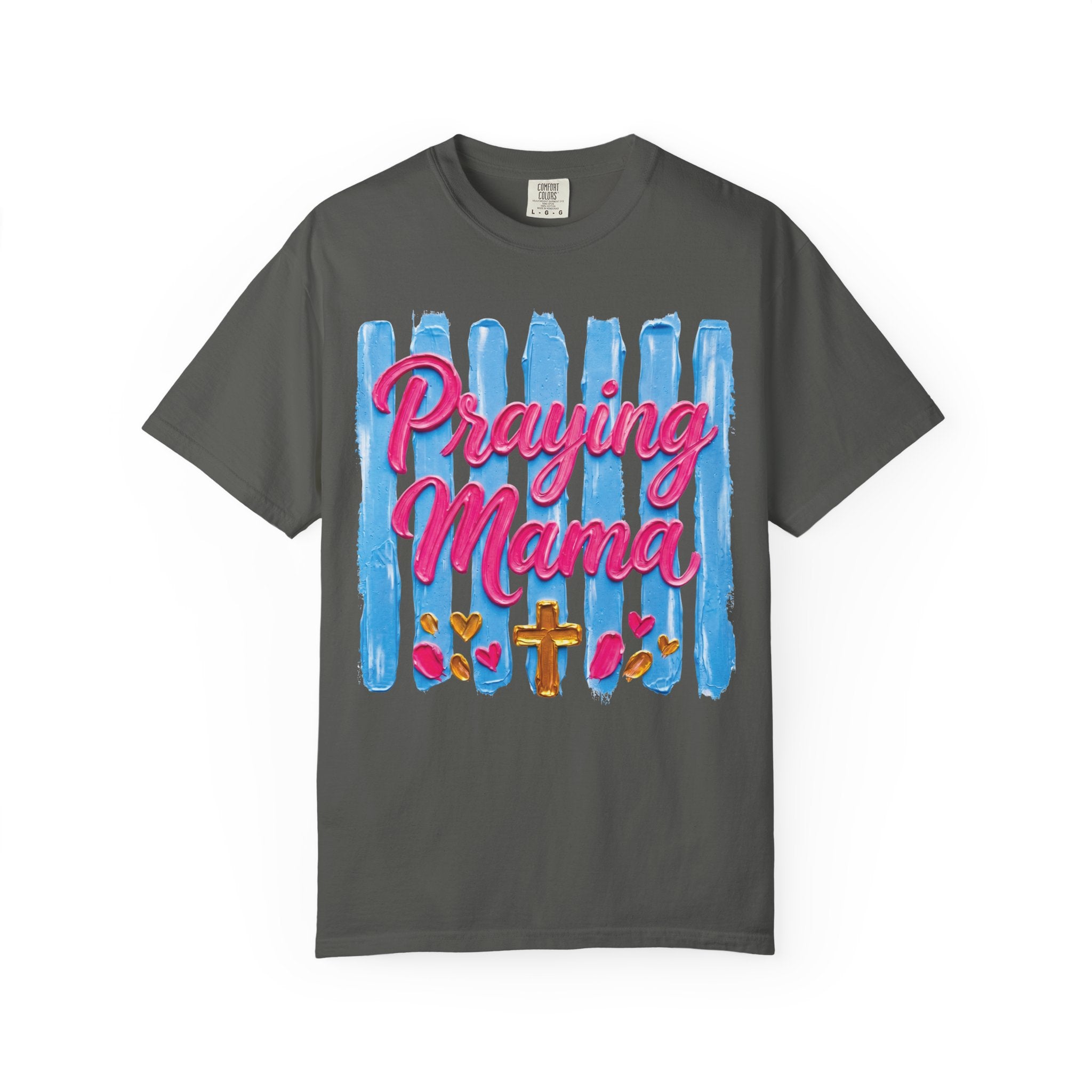 Praying Mama T-shirt | Christian Cross, Hearts, Blue Brushstroke