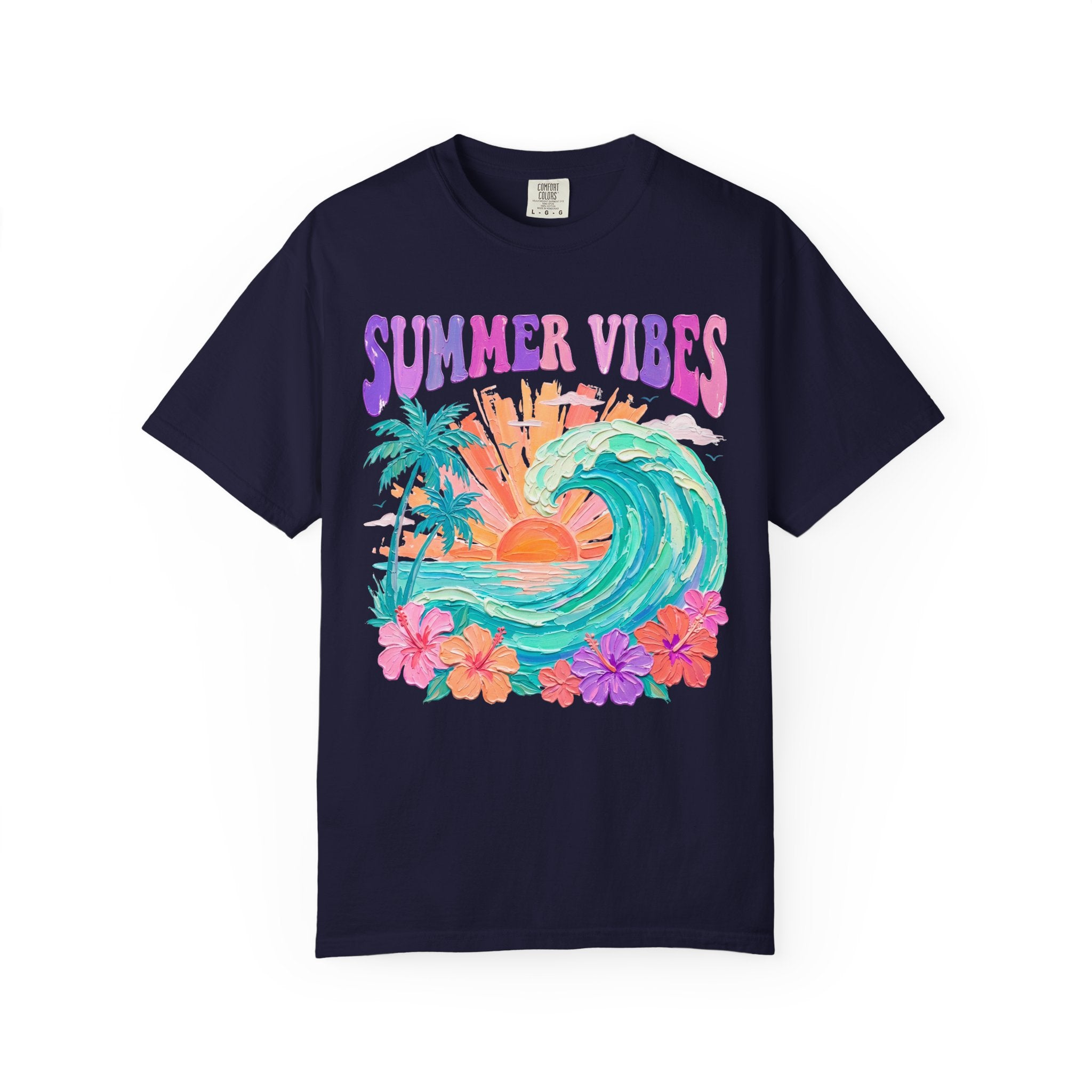 Summer Vibes Wave T-Shirt | Tropical Palm Sunset Hibiscus Beach lover tee