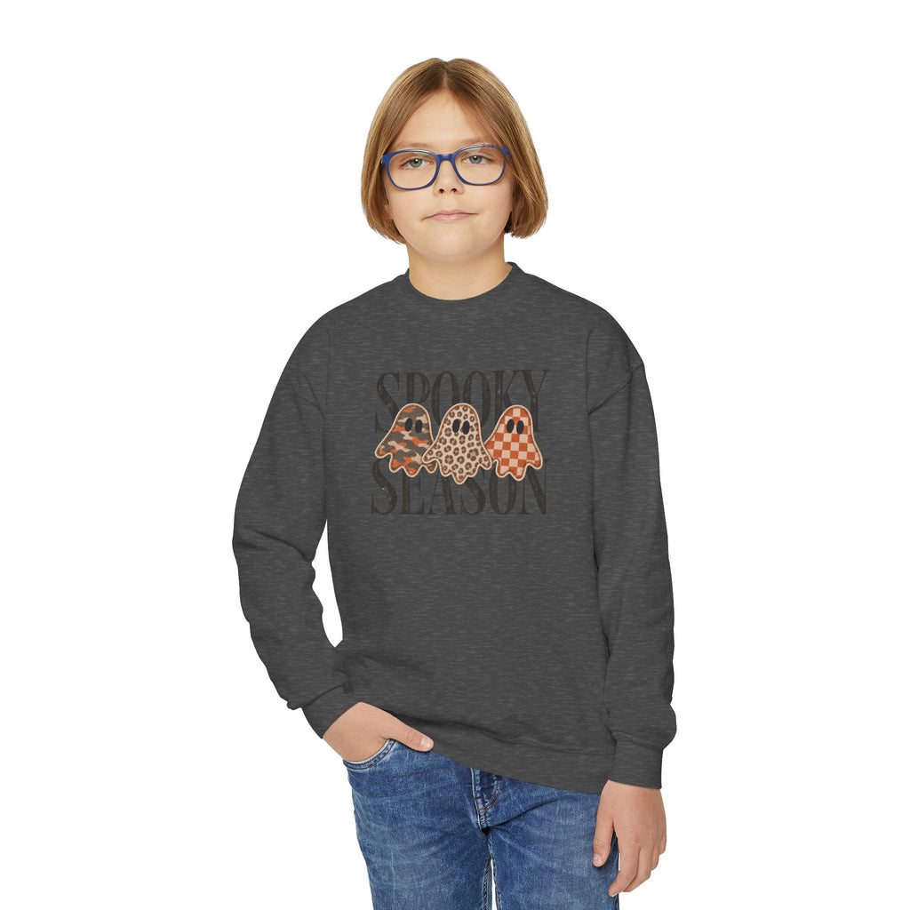 Youth Crewneck Sweatshirt — "Spooky Season" Halloween Ghosts with Leopard & Plaid Accents