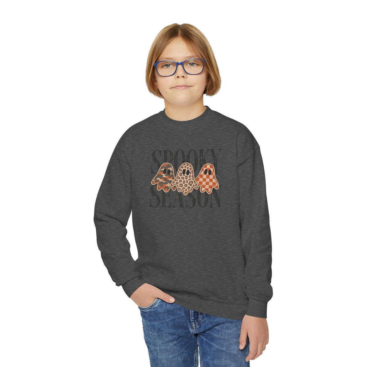 Youth Crewneck Sweatshirt — "Spooky Season" Halloween Ghosts with Leopard & Plaid Accents