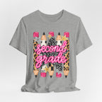 Second Grade Pencil Leopard Print T-Shirt — Back to School Teacher & Student Tee