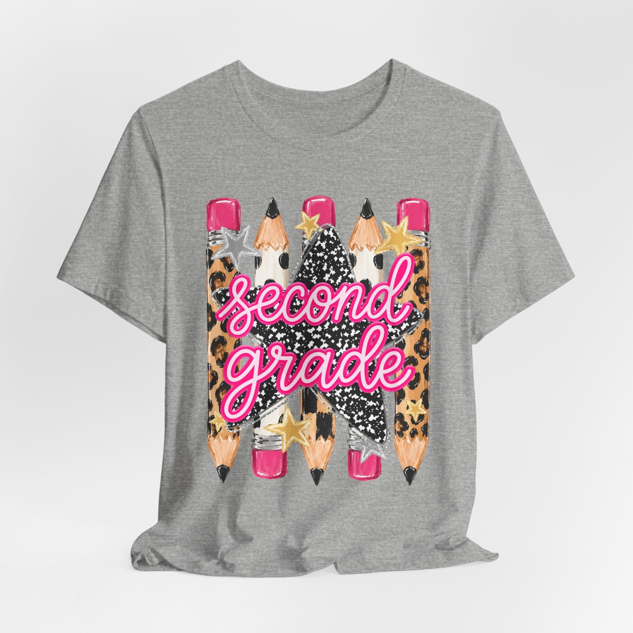 Second Grade Pencil Leopard Print T-Shirt — Back to School Teacher & Student Tee