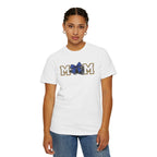 Mom Cheer support T-Shirt — "MOM" with Blue bow & Personalized Back Print