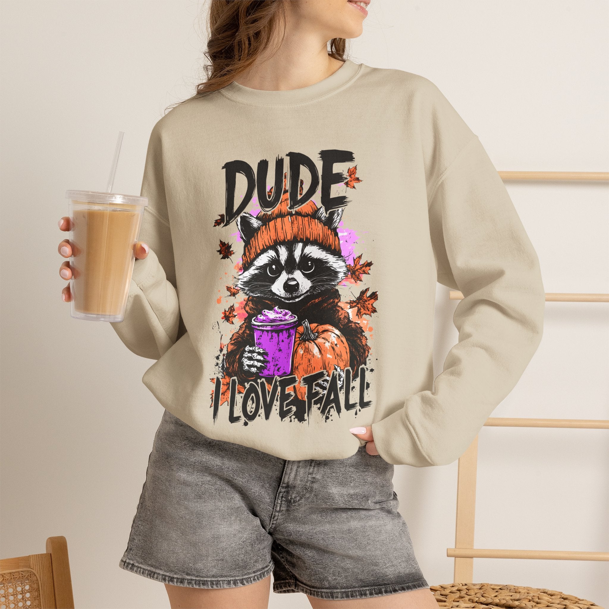 Fall Raccoon Sweatshirt - "Dude I Love Fall" Cozy Autumn GIldan sweatshirt
