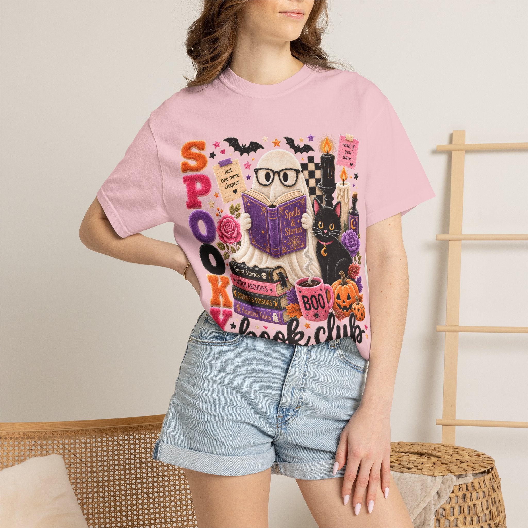 Spooky Book Club T-shirt | Halloween Reading Cat Owl Pumpkin