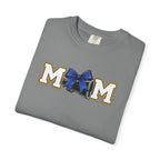 Mom Cheer support T-Shirt — "MOM" with Blue bow & Personalized Back Print