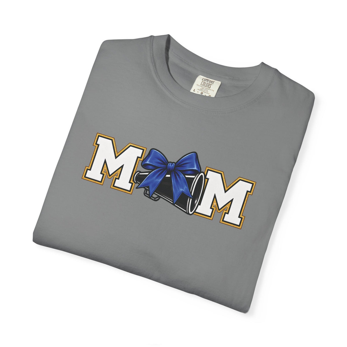 Mom Cheer support T-Shirt — "MOM" with Blue bow & Personalized Back Print