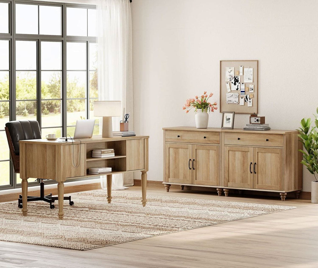 56 Inch Oak Executive Desk With Integrated Charging System