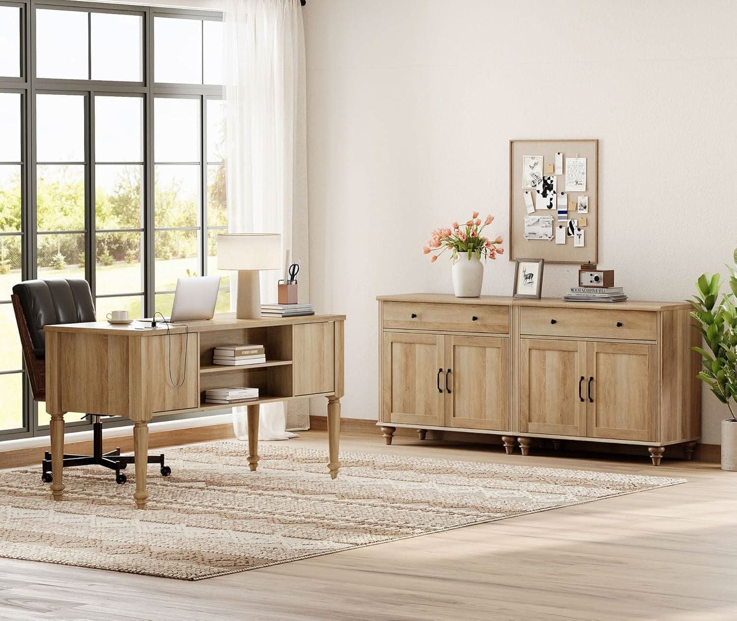 56 Inch Oak Executive Desk With Integrated Charging System