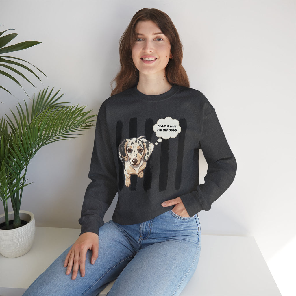 Dachshund Mom Crewneck Sweatshirt – “Mama Said I’m the Boss” Dog Lover Pullover