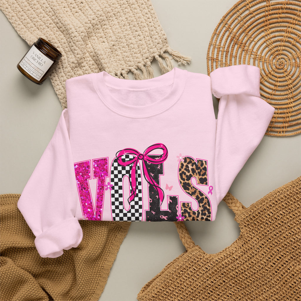 Crewneck Sweatshirt - VOLS Cheer For A Cure Pink Ribbon Leopard & Glitter Design