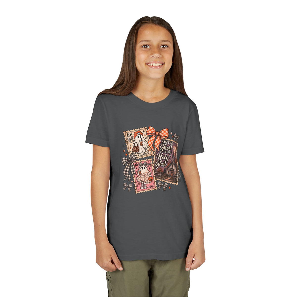Youth Halloween Postage Stamp Tee — "Ain't No Ghosts Like Our Ghost" Retro Spooky Kids Shirt