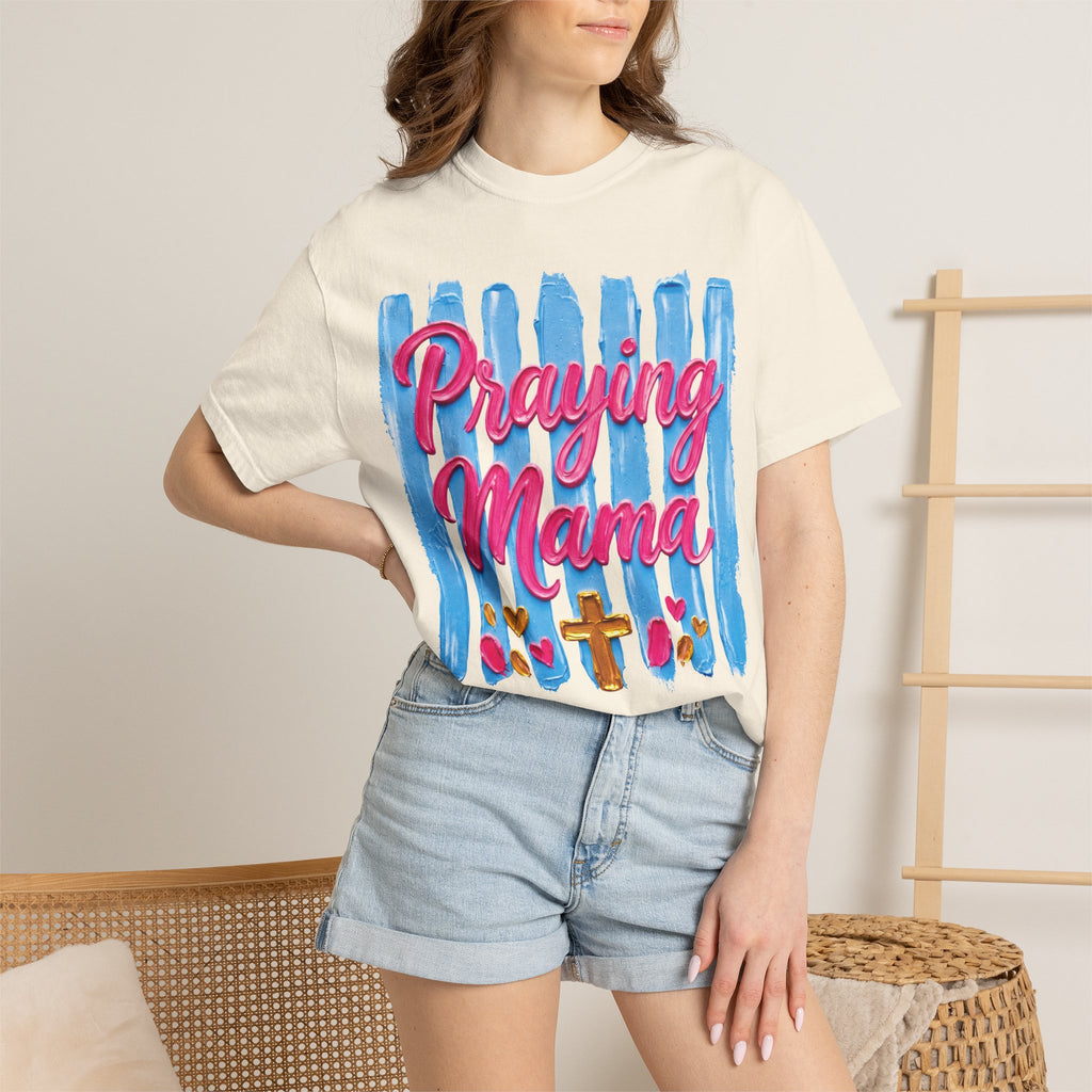 Praying Mama T-shirt | Christian Cross, Hearts, Blue Brushstroke