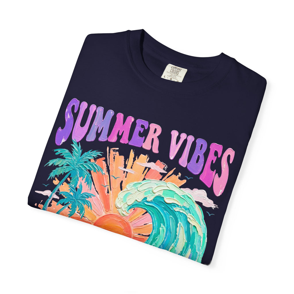 Summer Vibes Wave T-Shirt | Tropical Palm Sunset Hibiscus Beach lover tee